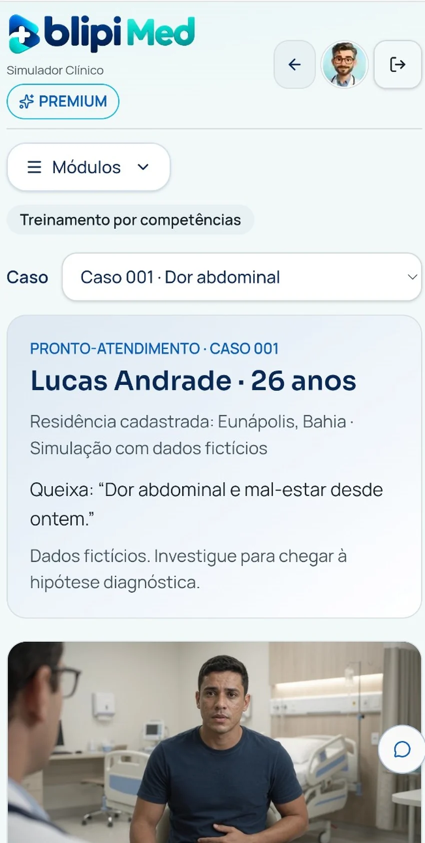 Tela real do Simulador Clínico com o caso de dor abdominal e o paciente adulto simulado.